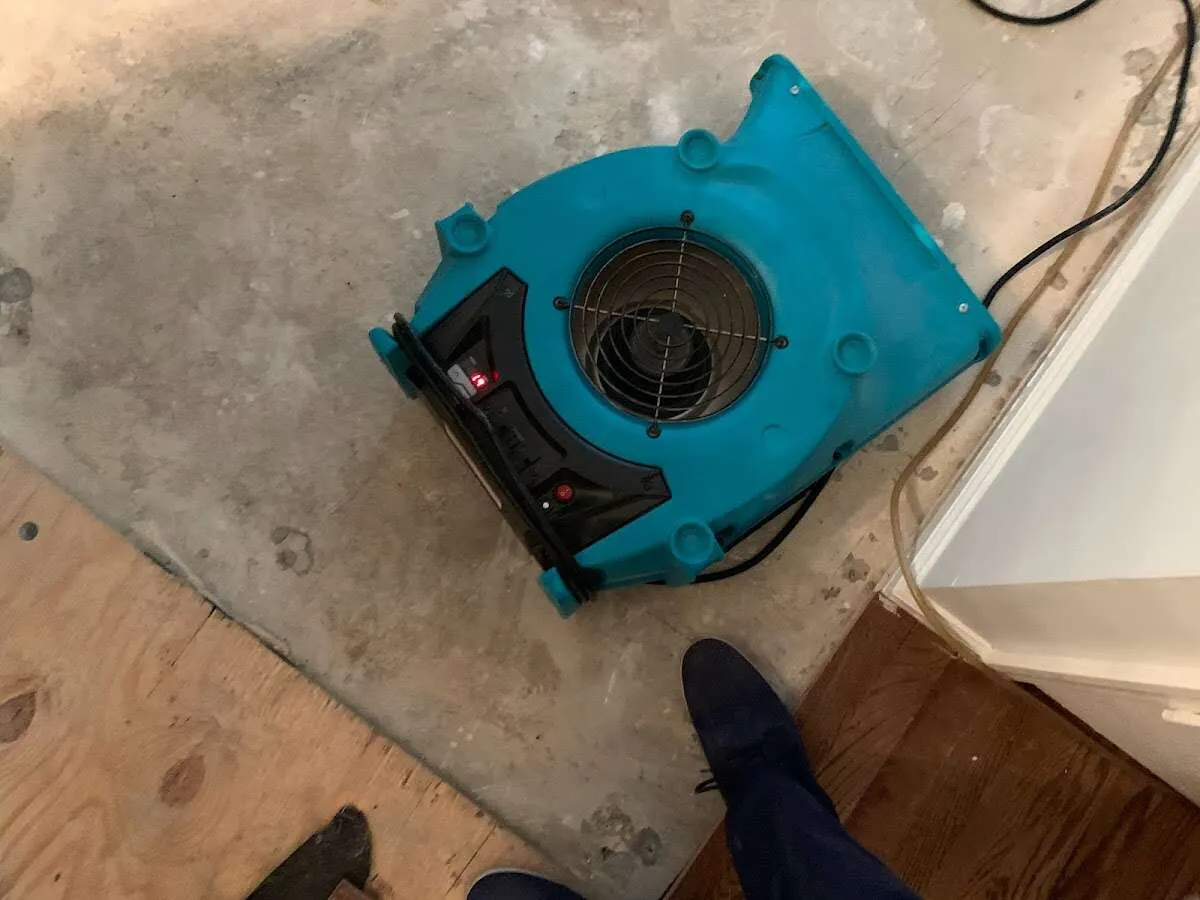 Air mover drying subfloor during Commercial Water Damage Restoration in Danville